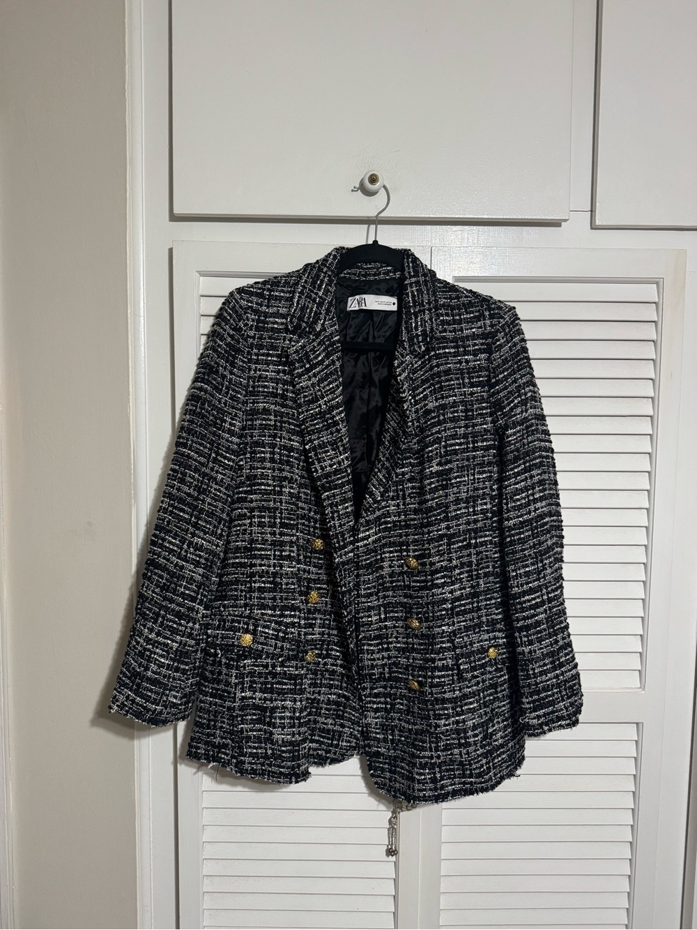 Zara Black & White Tweed Double-Breasted Blazer